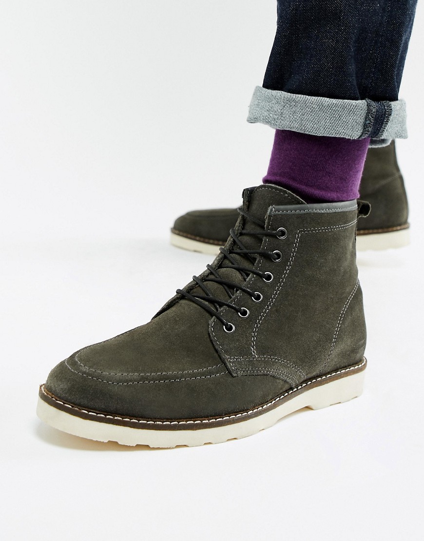 Asos Design Lace Up Boots In Grey Suede With White Wedge Sole - Grey