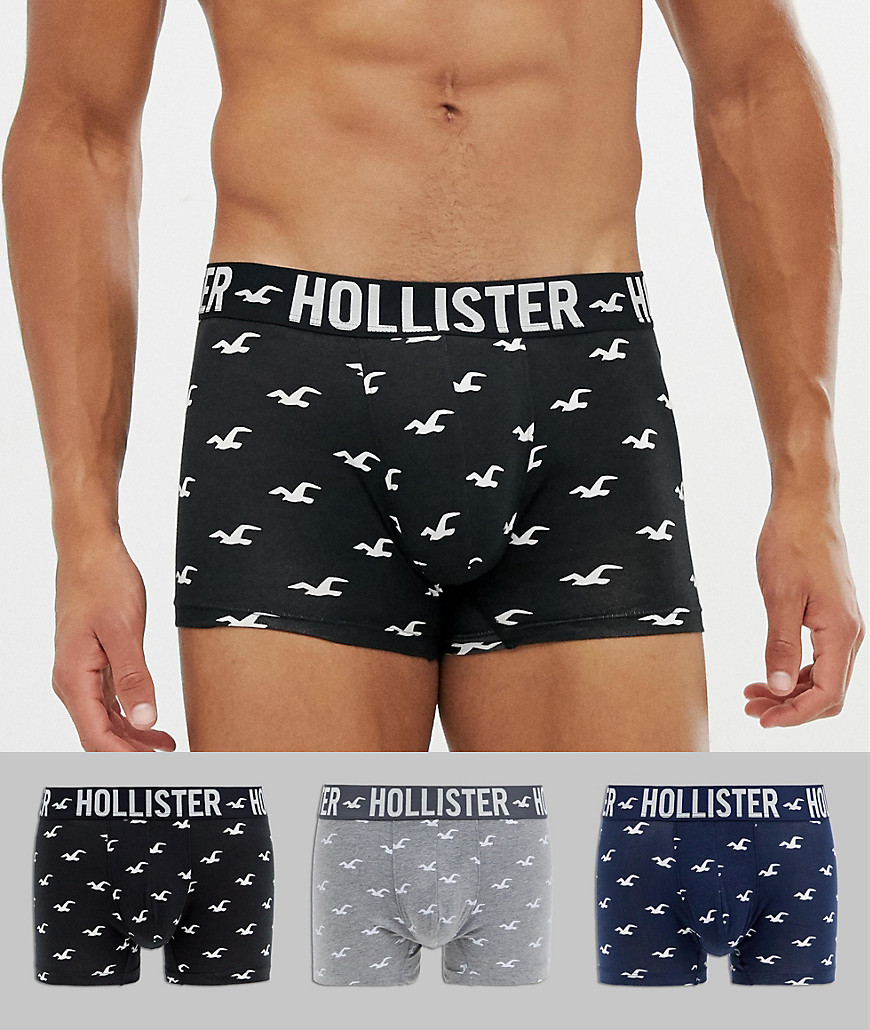 Hollister 3 pack logo waist band trunks in navy/black/grey - Navy/grey/black
