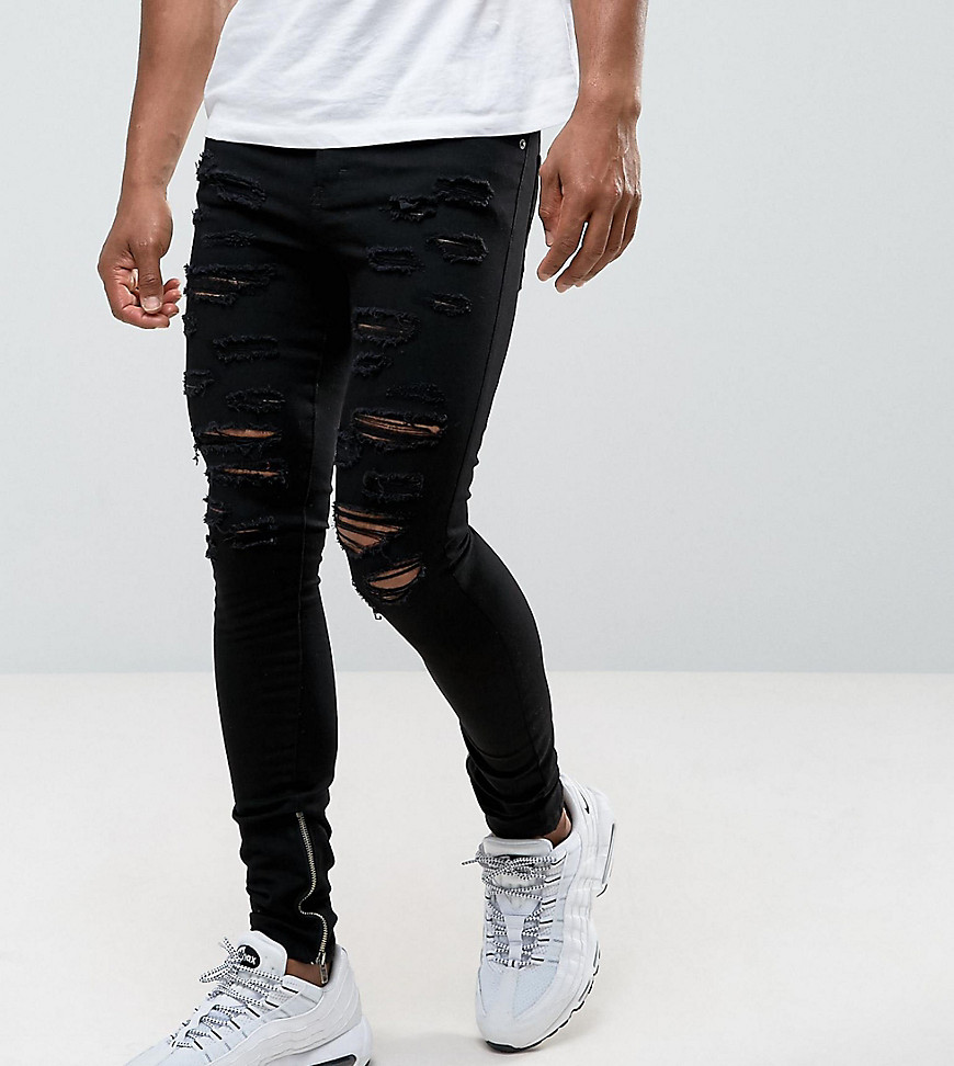 Granted Super Skinny Jeans In Black With Distressing And Zip Ankle - Black
