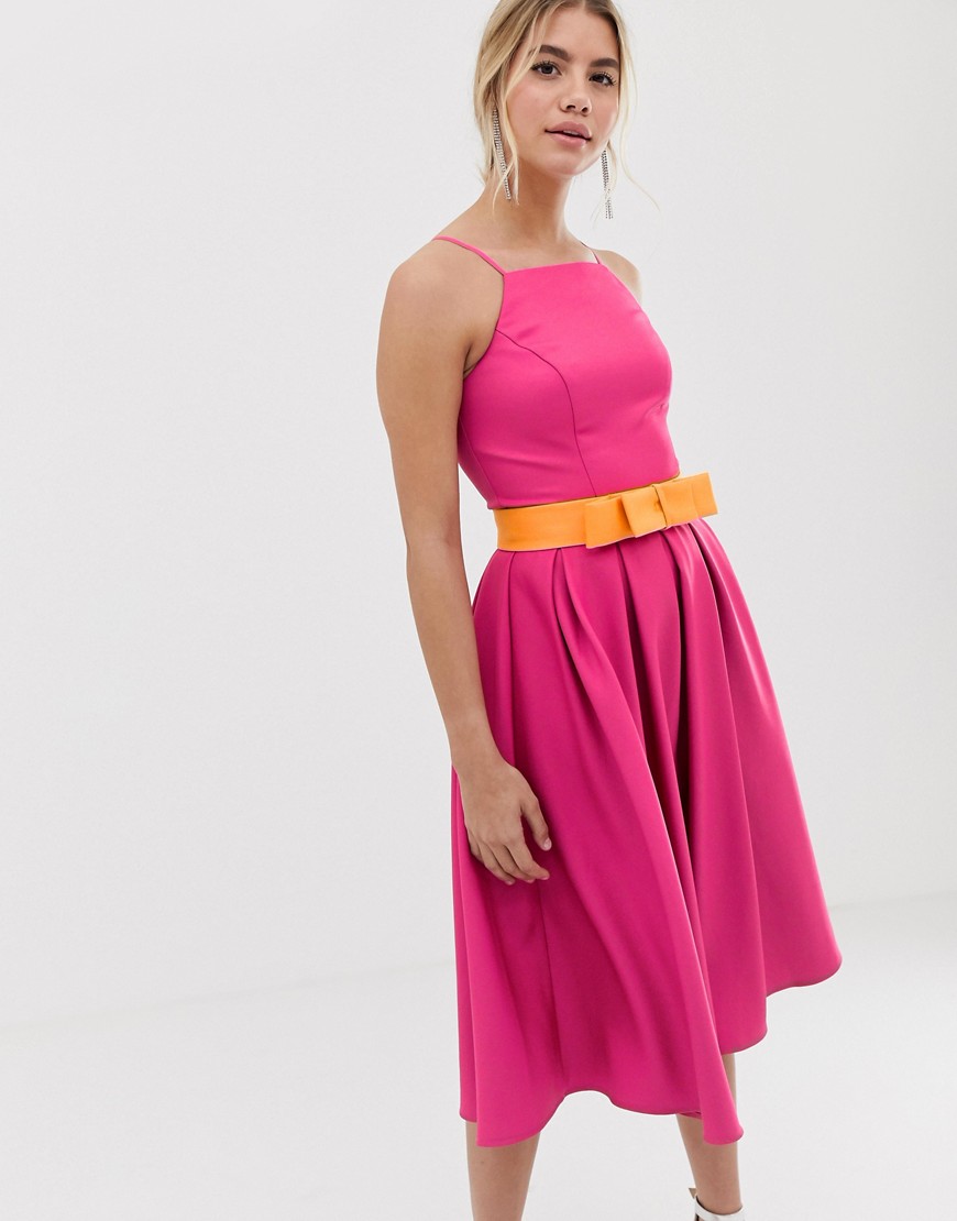 Chi Chi London pinny prom dress with contrast belt in pink