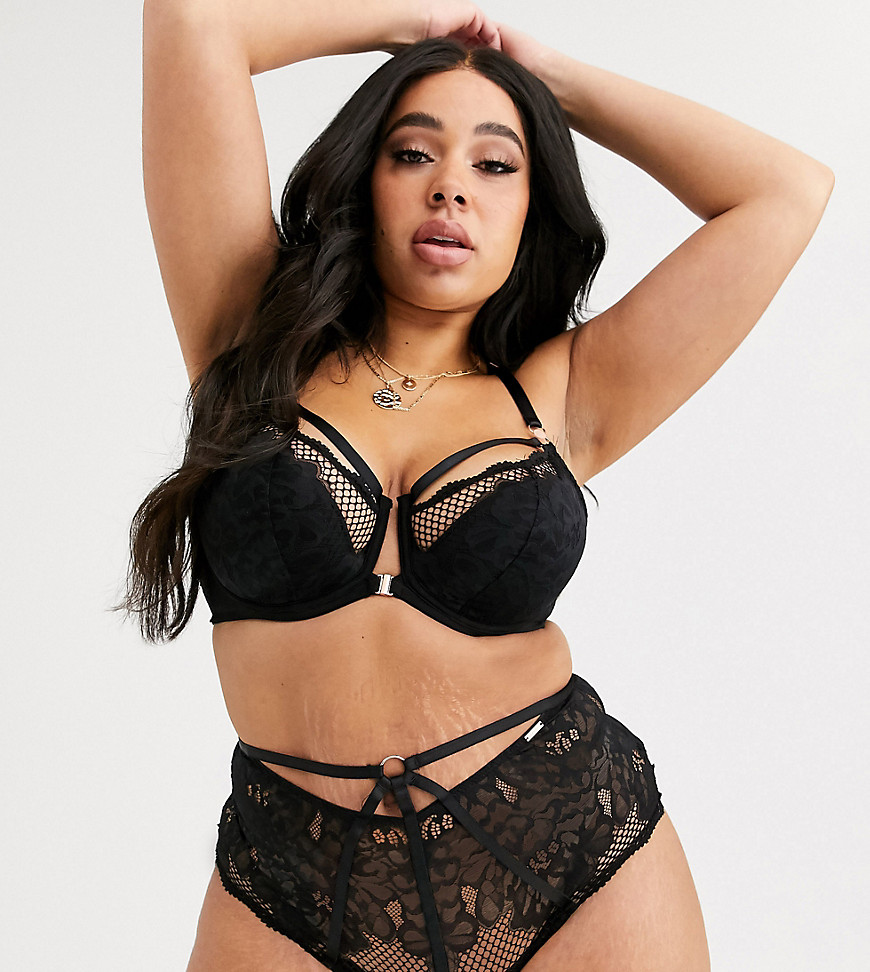 Figleaves Curve Amore lace and fishnet front fastening bra in black