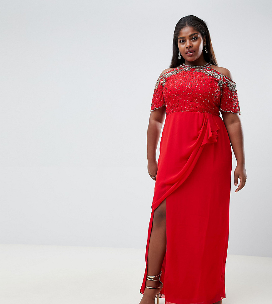 Virgos Lounge Plus reign embellished cold shoulder maxi dress with wrap skirt in red