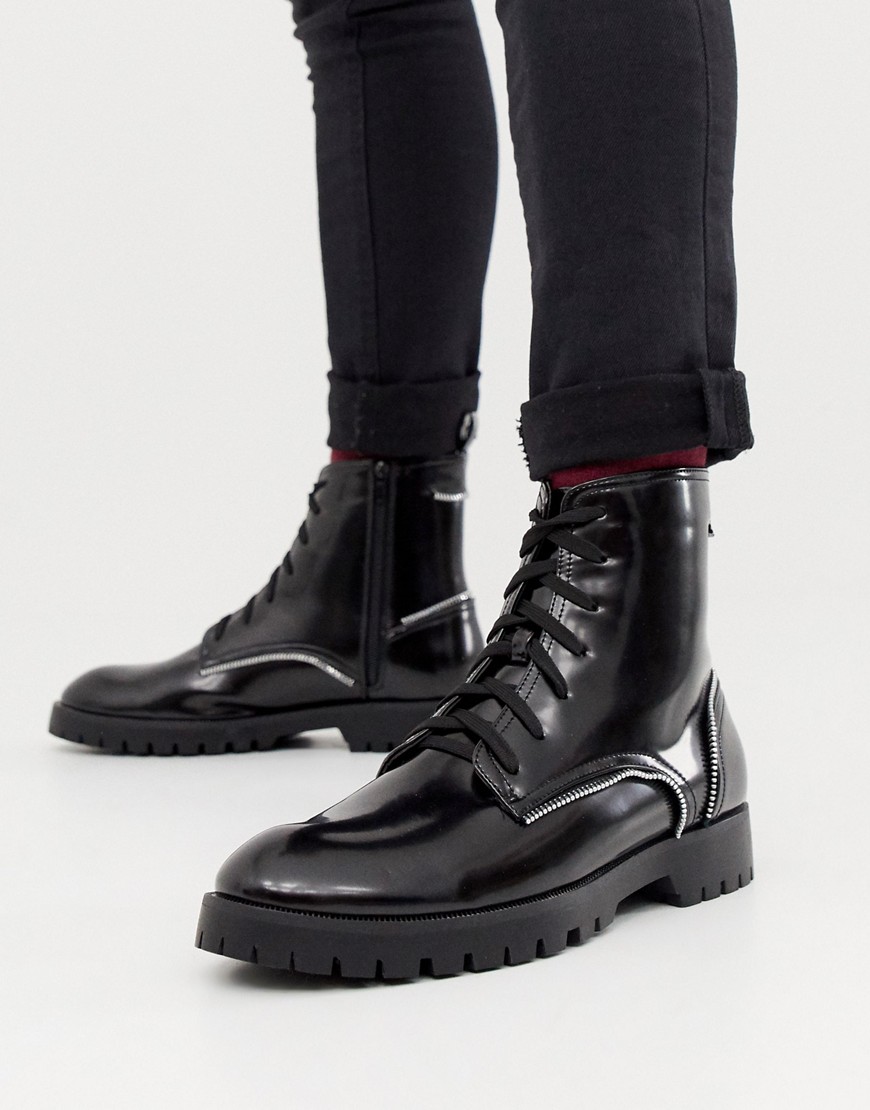 Truffle Collection Zip Detail Lace Up Boot in Black