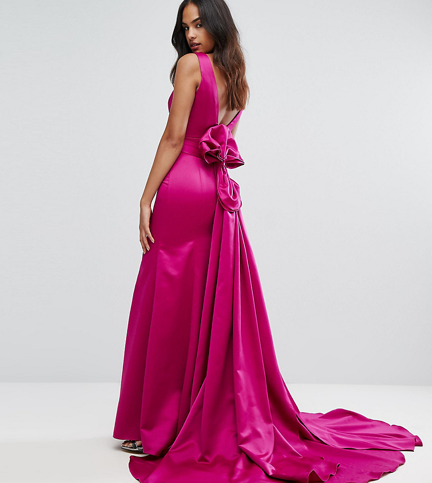 Bariano Fishtail Satin Maxi Dress With Structured Bow Back - Fuschia