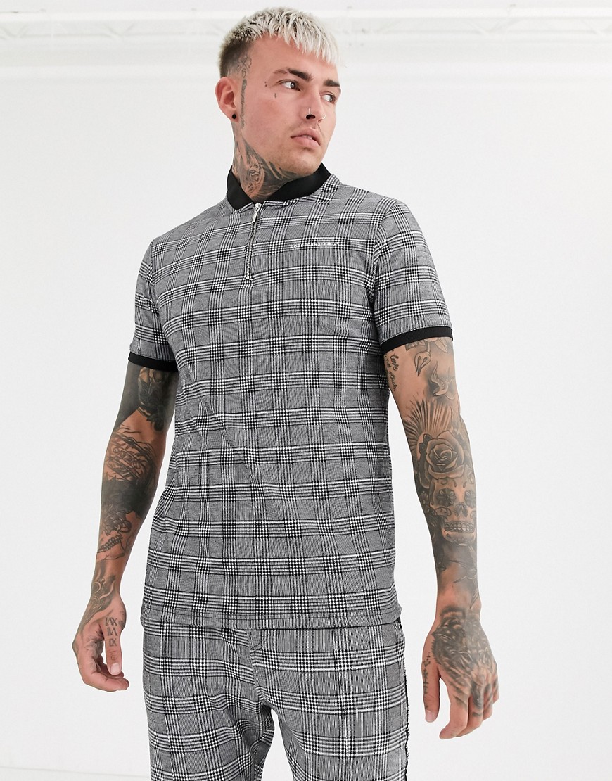 Good For Nothing muscle fit half zip polo in grey prince of wales check