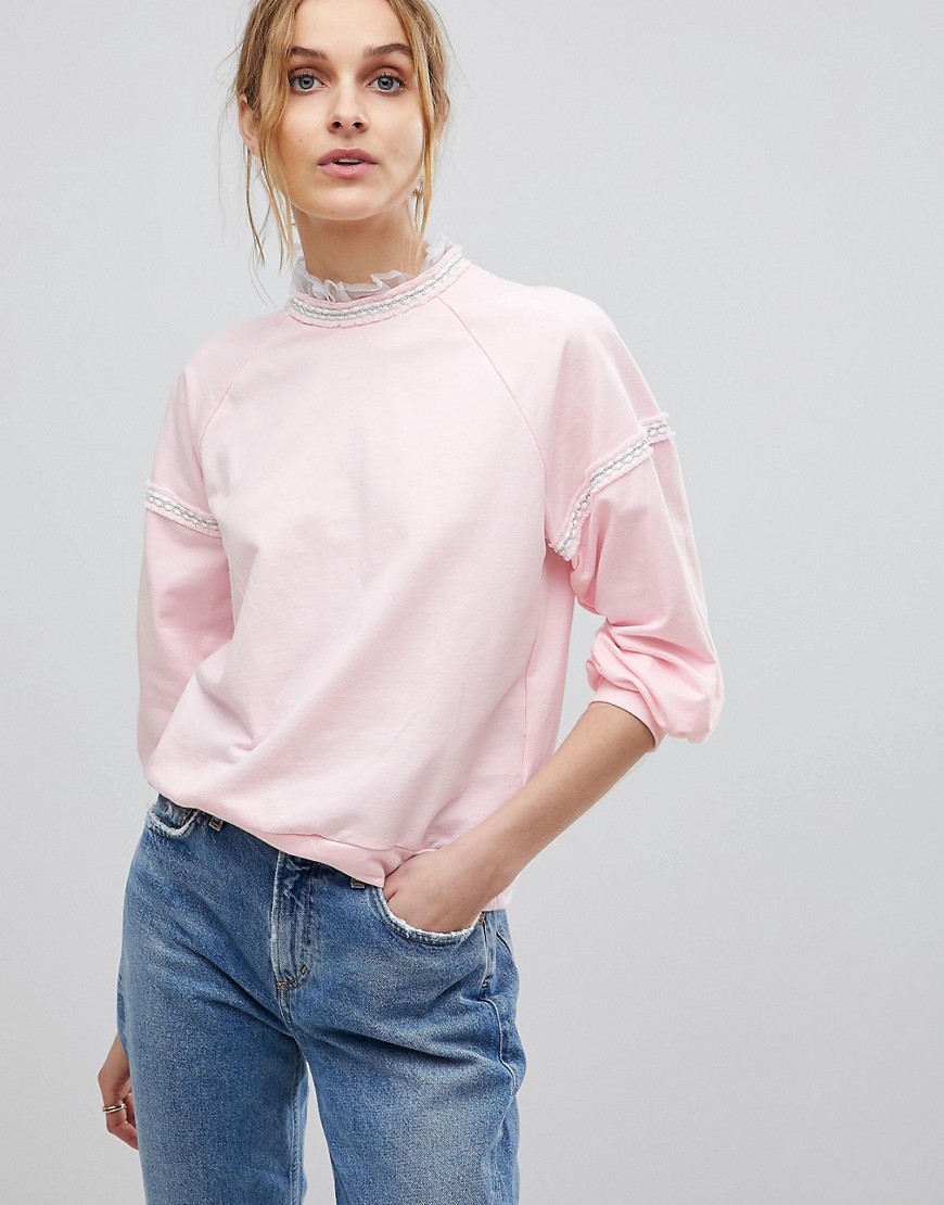 Cubic Crystal Sweater with Frill Tulle Neckline - Pink