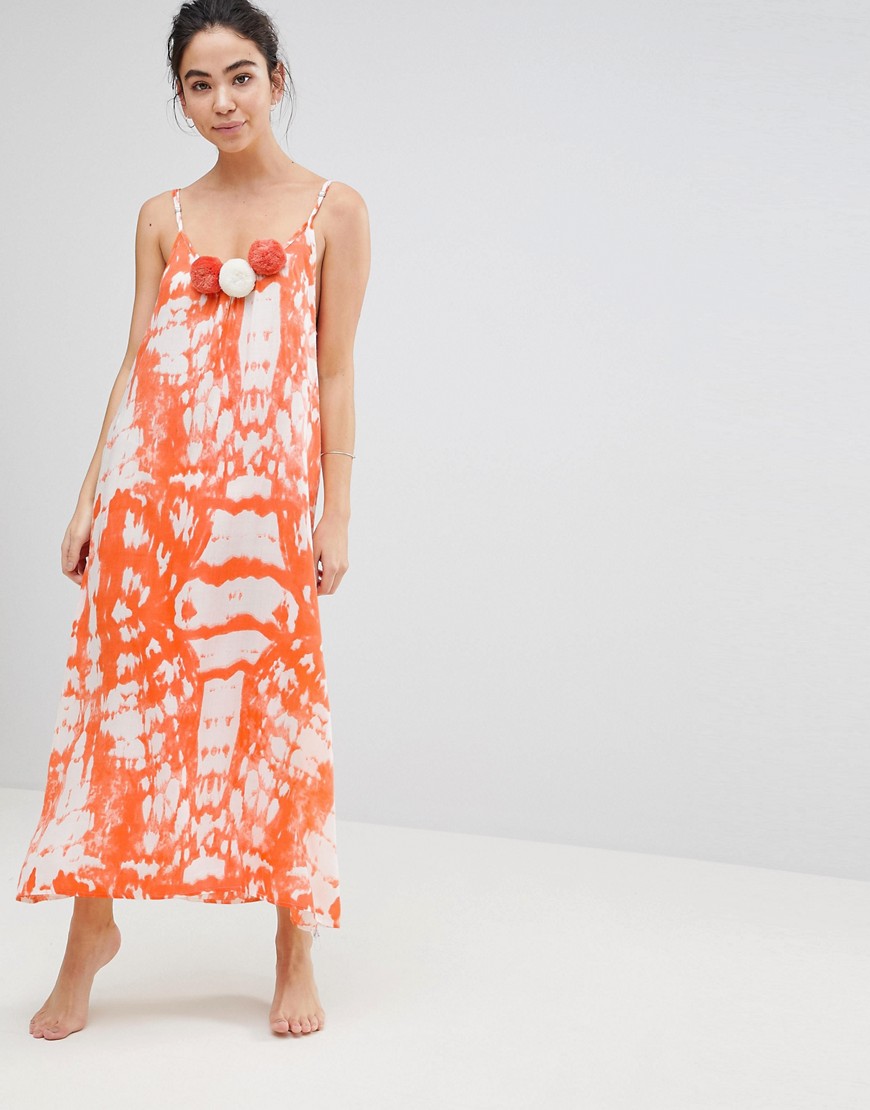 America & Beyond Orange Tie Dye Maxi Beach Dress With Pom Pom Details - Orange