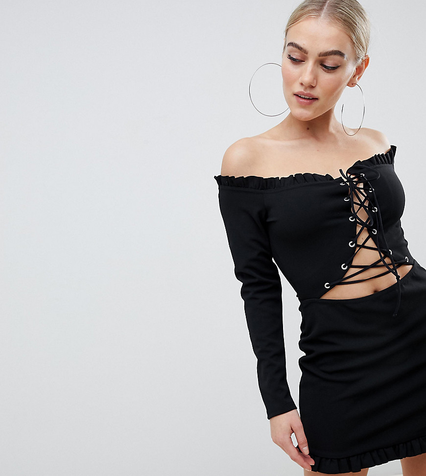 Missguided Petite off shoulder lace up bodycon dress in black