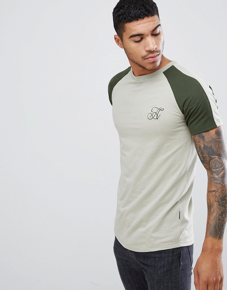 Ascend Muscle Fit Panelled Raglan T-Shirt with Curved Hem - Stone/ green