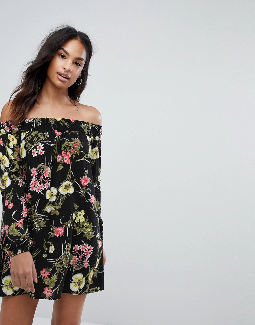 AX Paris Off The Shoulder Long Sleeve Day Dress In Floral Print - Black