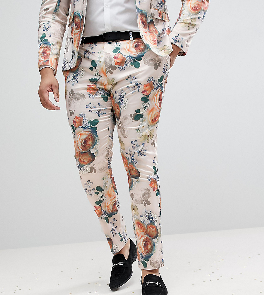 ASOS PLUS Wedding Super Skinny Suit Trousers In Champagne Floral - Cream