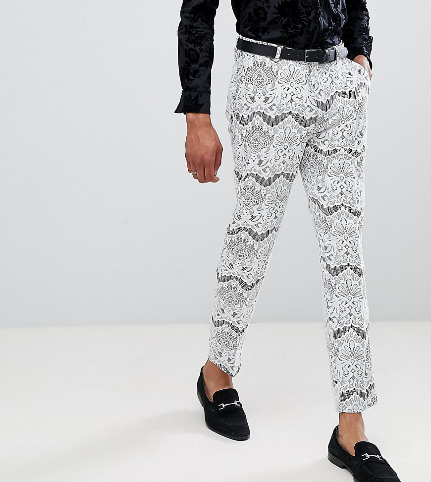 ASOS EDITION Tall skinny crop tuxedo suit trousers in white lace