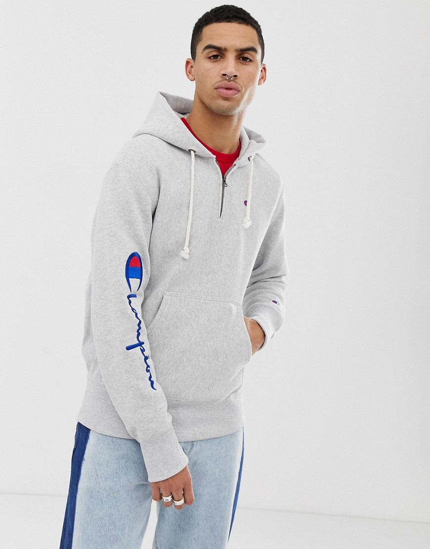 Champion 1/2 zip hoodie with sleeve logo in grey