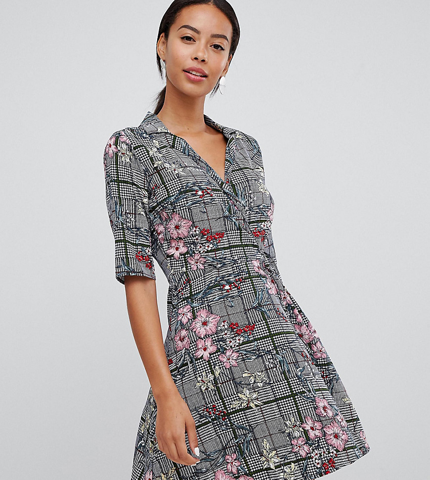 Influence Tall check and floral print wrap dress