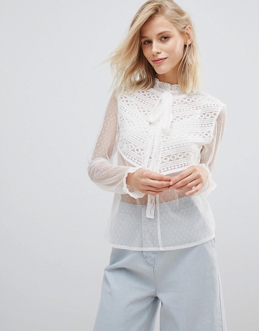 Willow And Paige Blouse With Tie Neck And Ruffle Trim In Sheer - White