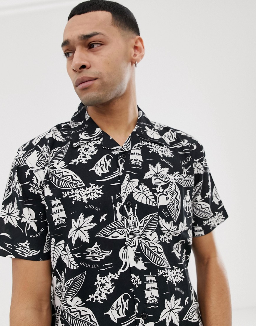 Bellfield shirt with leaf and fish print in black