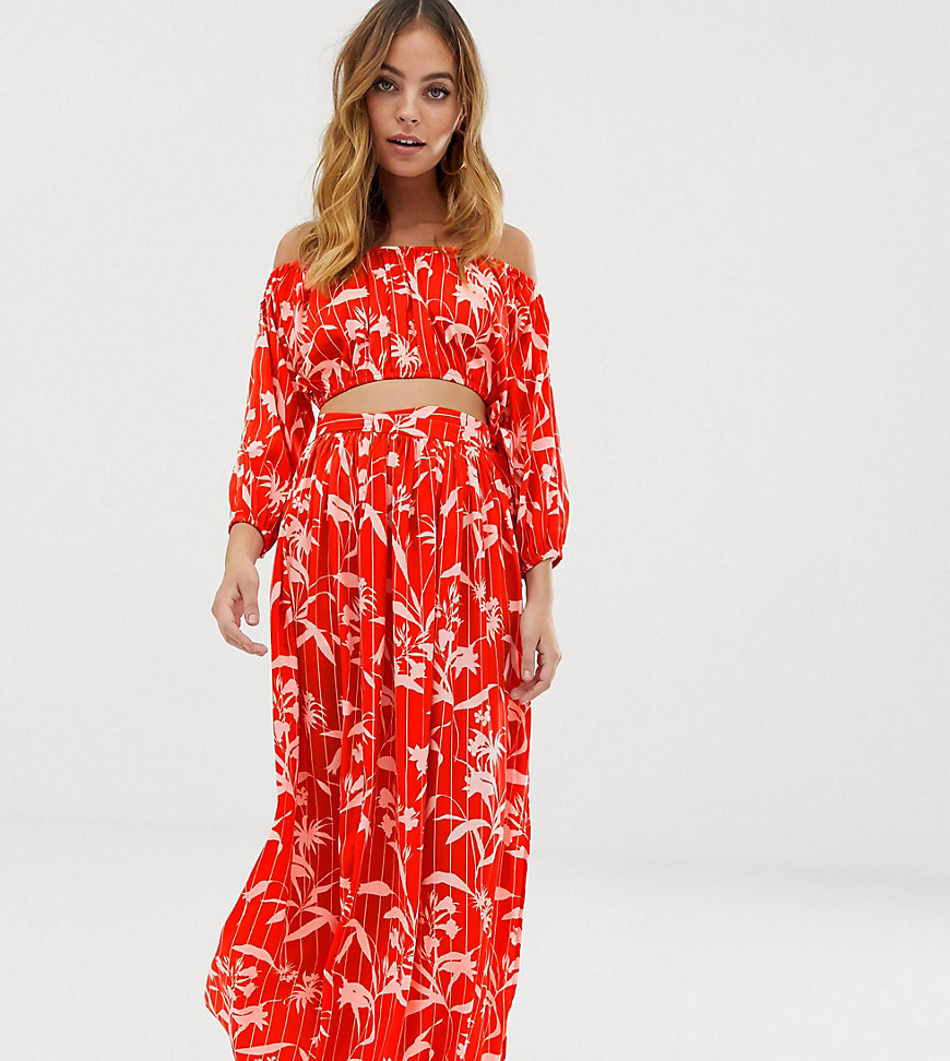 ASOS DESIGN Petite chiffon flamenco floral stripe print split maxi beach skirt co-ord