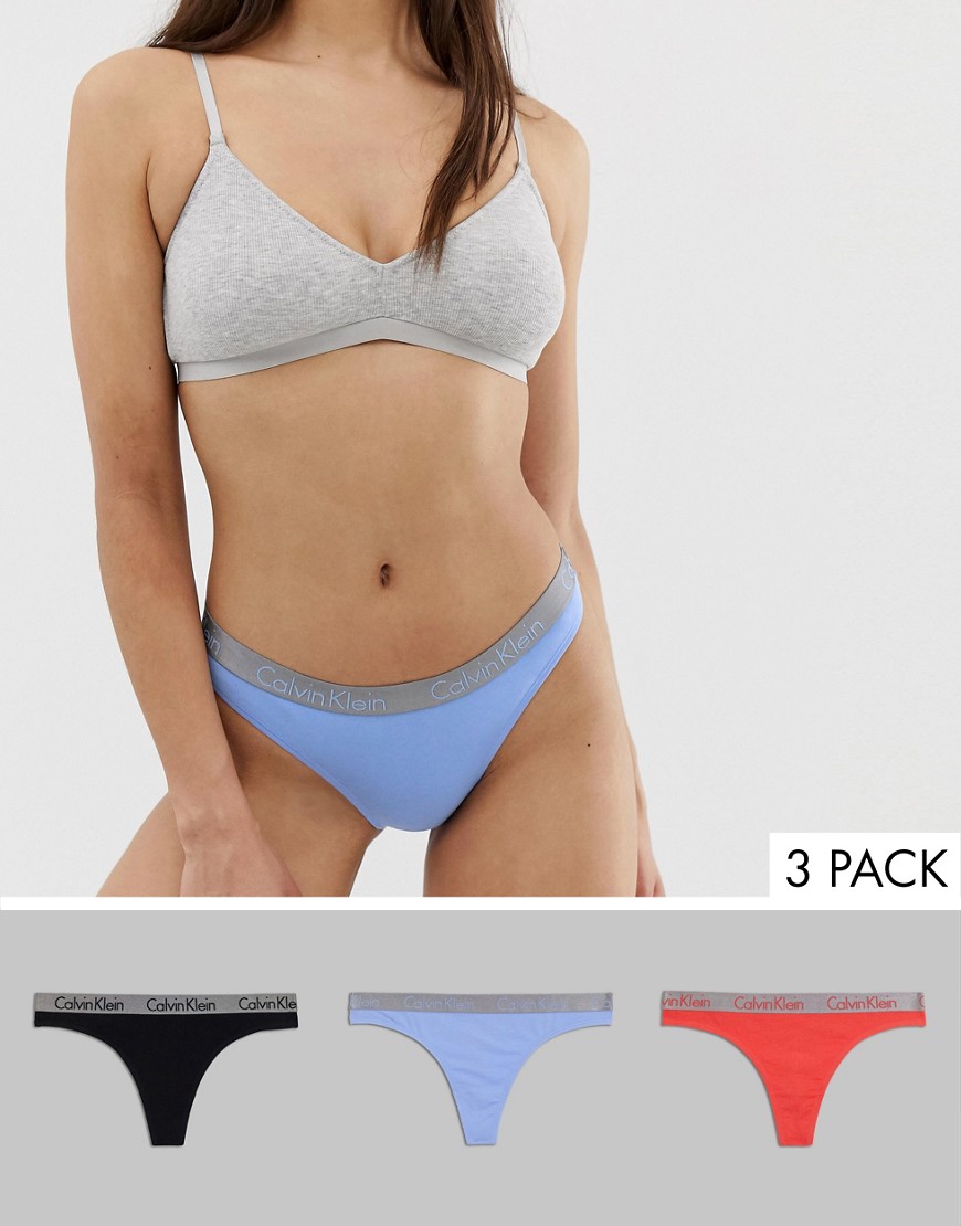 Calvin Klein Radiant Cotton 3 pack thong in blue coral and black