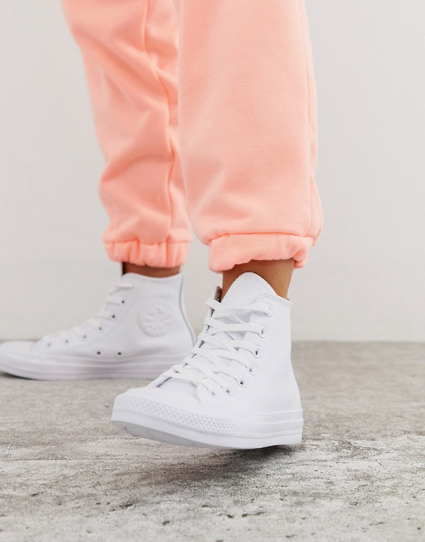 Converse Chuck Taylor All Star Hi White Leather Monochrome Sneakers |  ModeSens