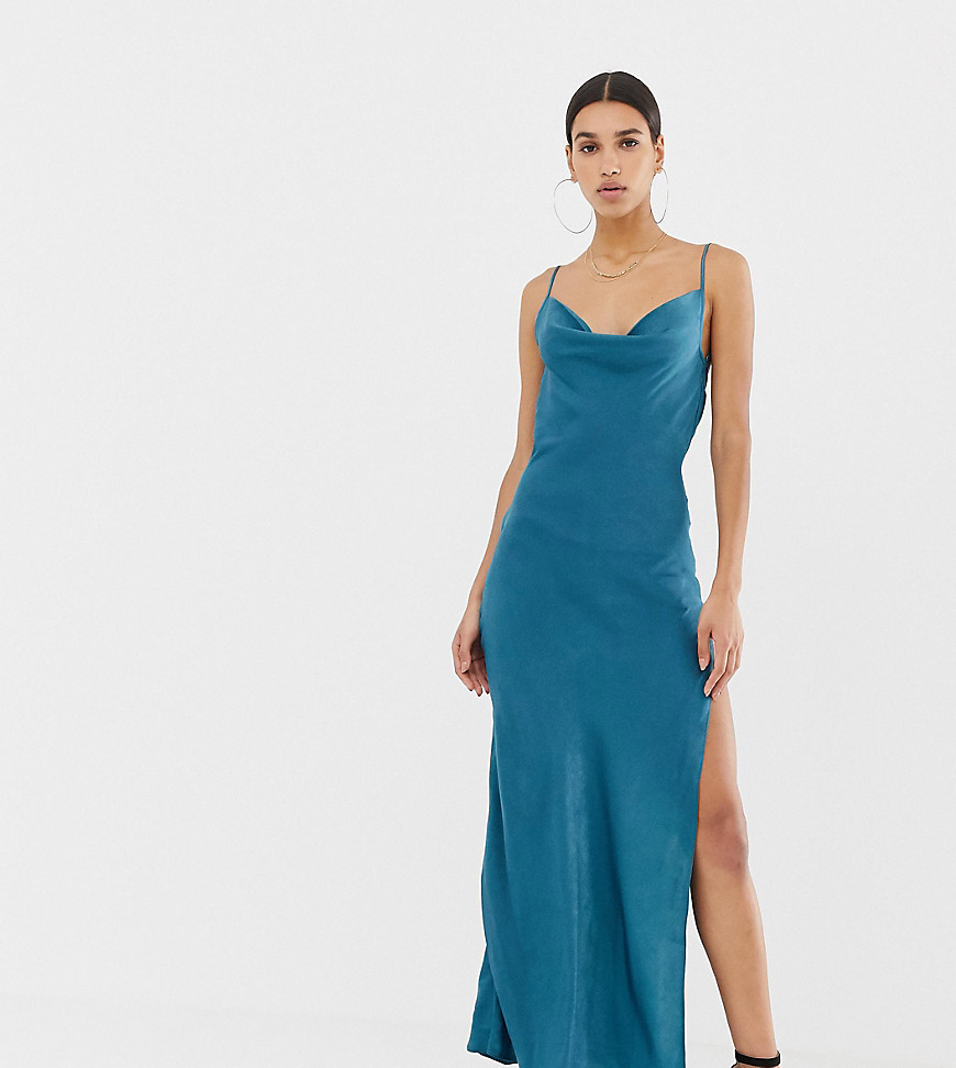 Missguided satin cowl neck maxi slip dress in blue
