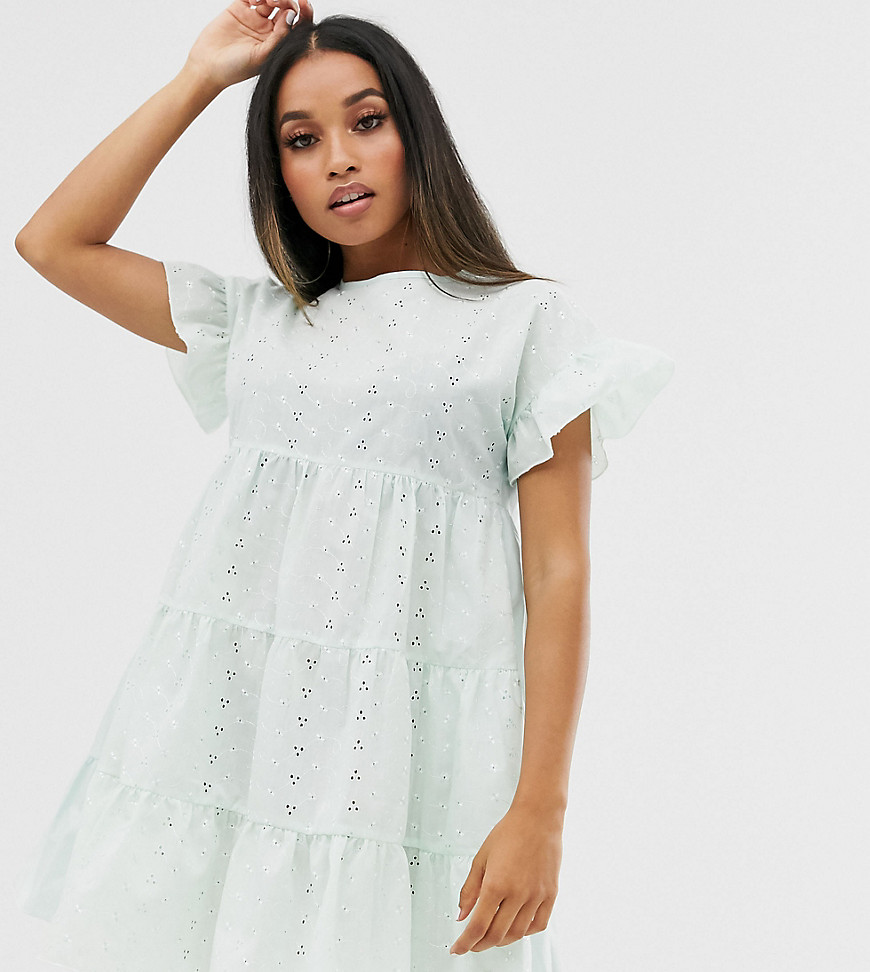 PrettyLittleThing Petite broderie smock dress in mint