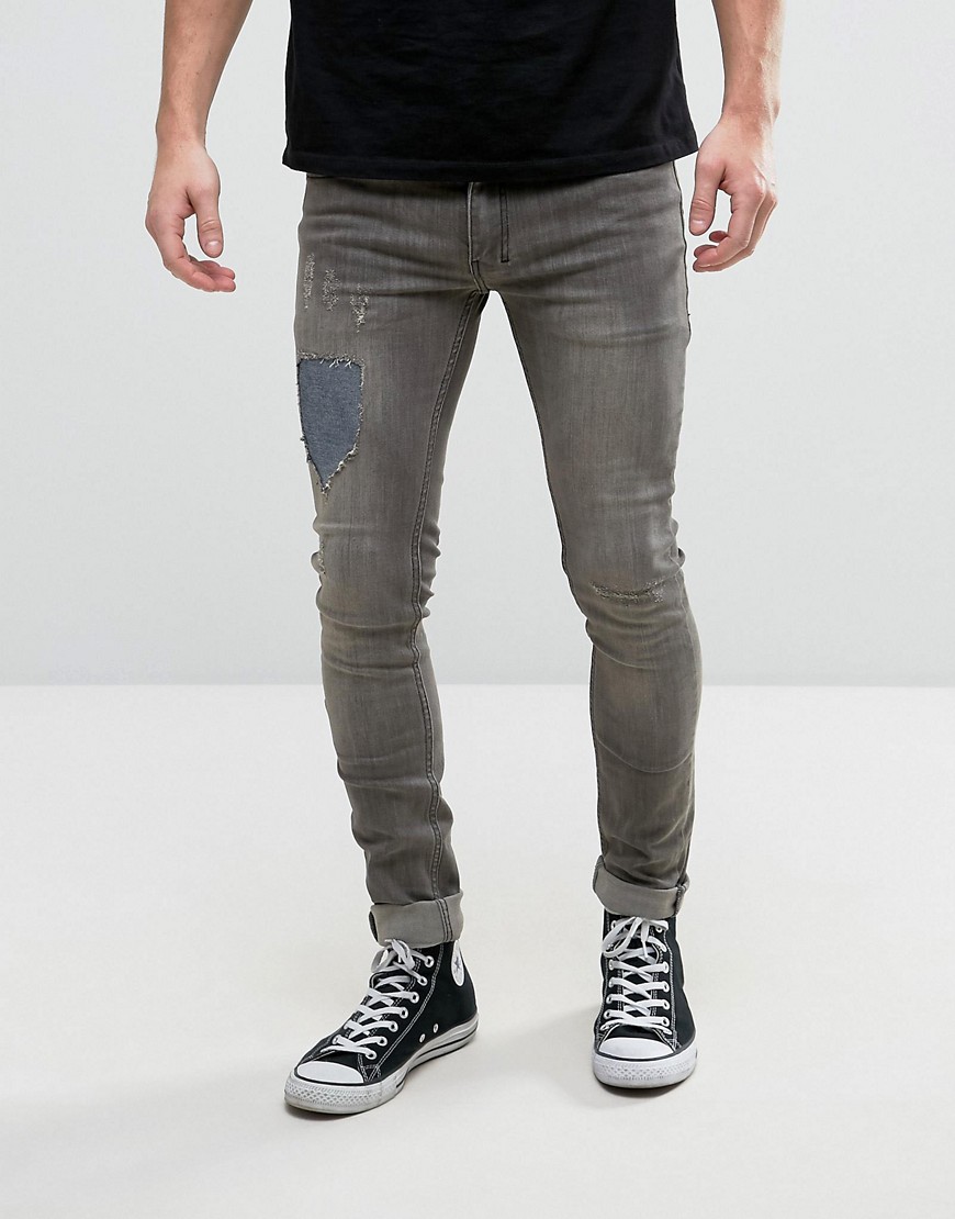 Religion Jeans in Super Skinny Stretch Fit with Repair Work - Kentish grey