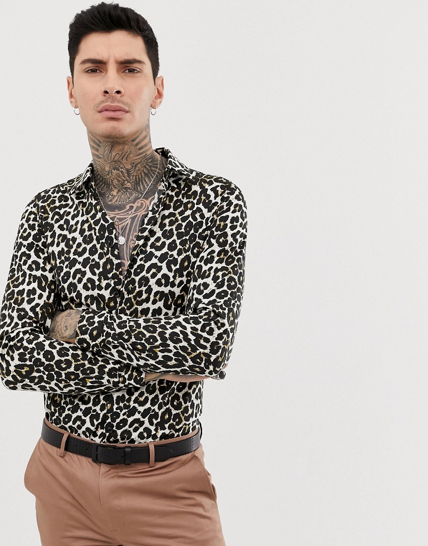 Devils Advocate slim fit cotton leopard print log sleeve shirt