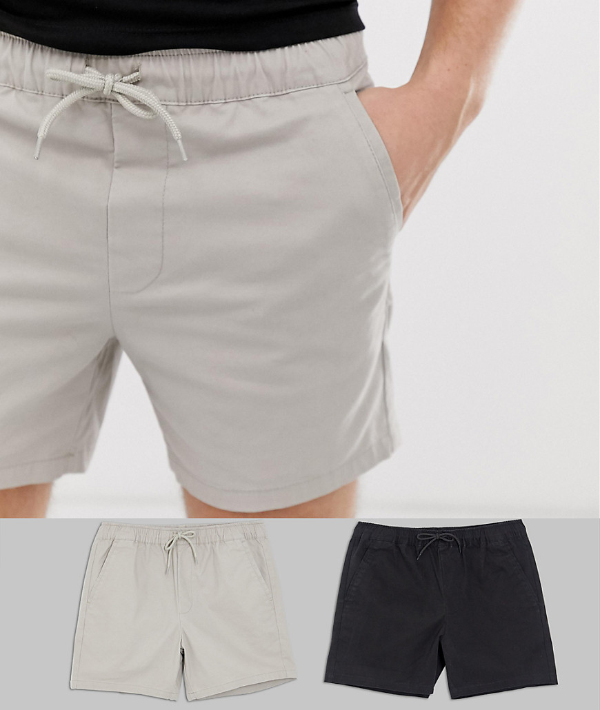 ASOS DESIGN 2 pack skinny shorter chino shorts with elastic waist in beige & black save