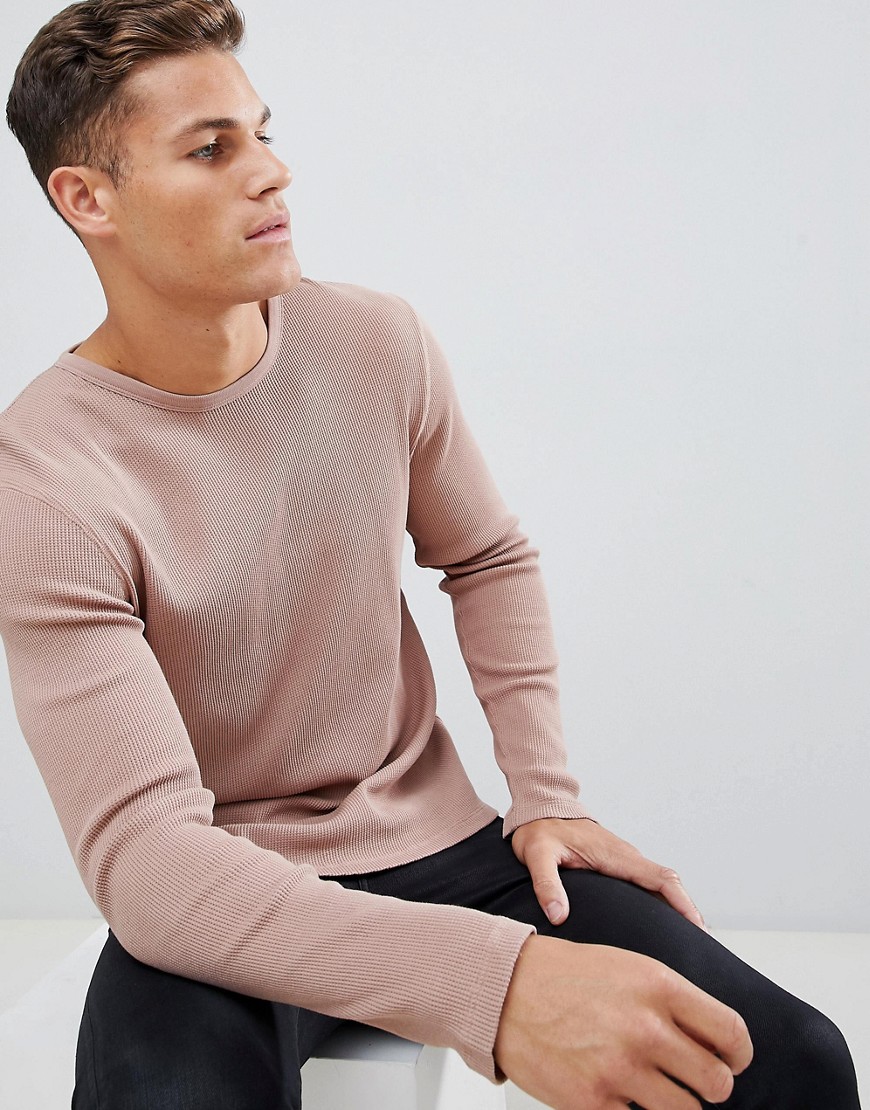 Celio garment dyed waffle long sleeve top in pink