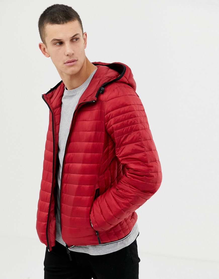 Celio lightweight hooded quilted jacket in red