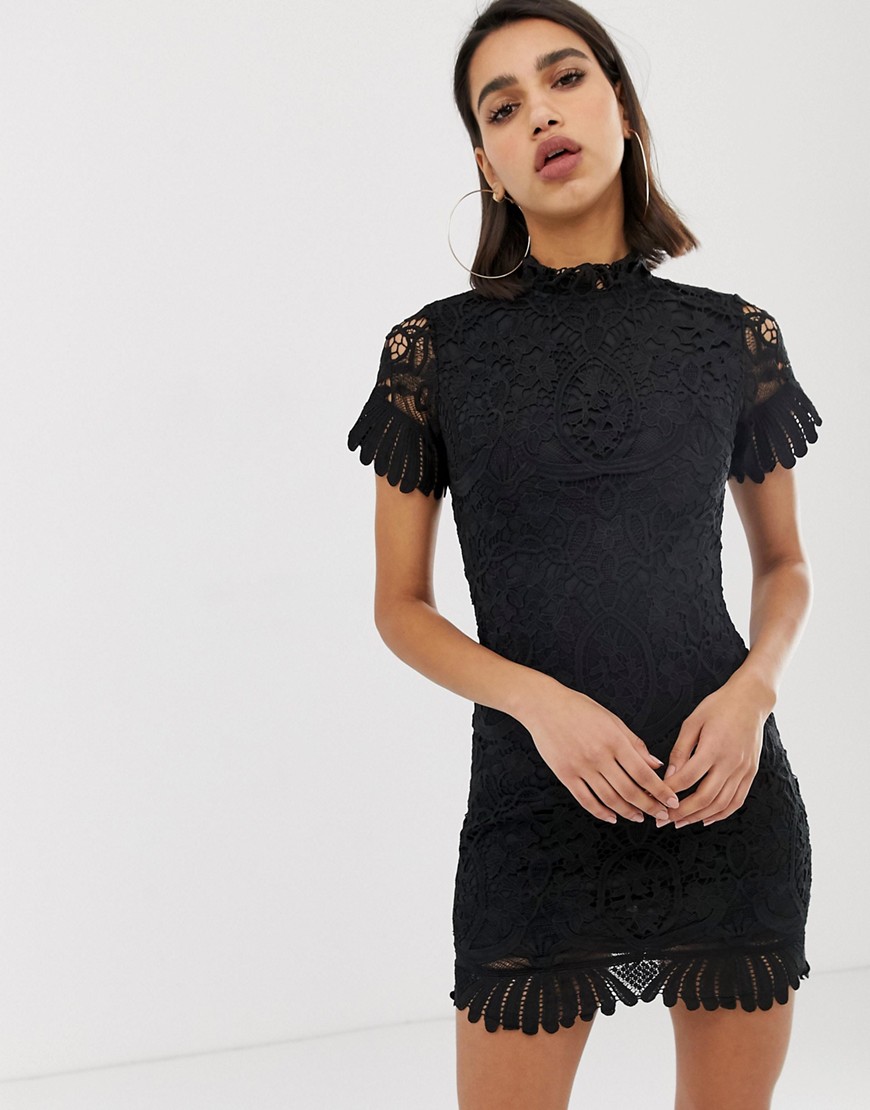 Girl In Mind short sleeve high neck lace mini dress