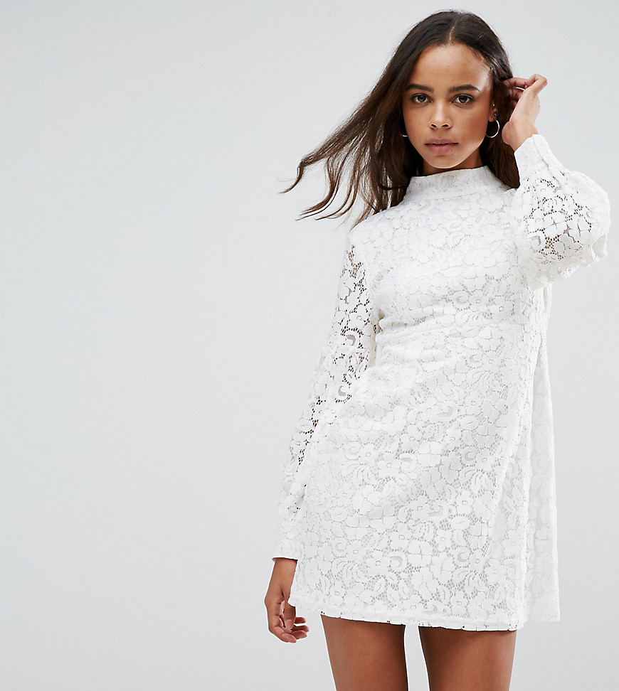 Fashion Union Petite High Neck Dress With Lace Puff Sleeves - Ivory