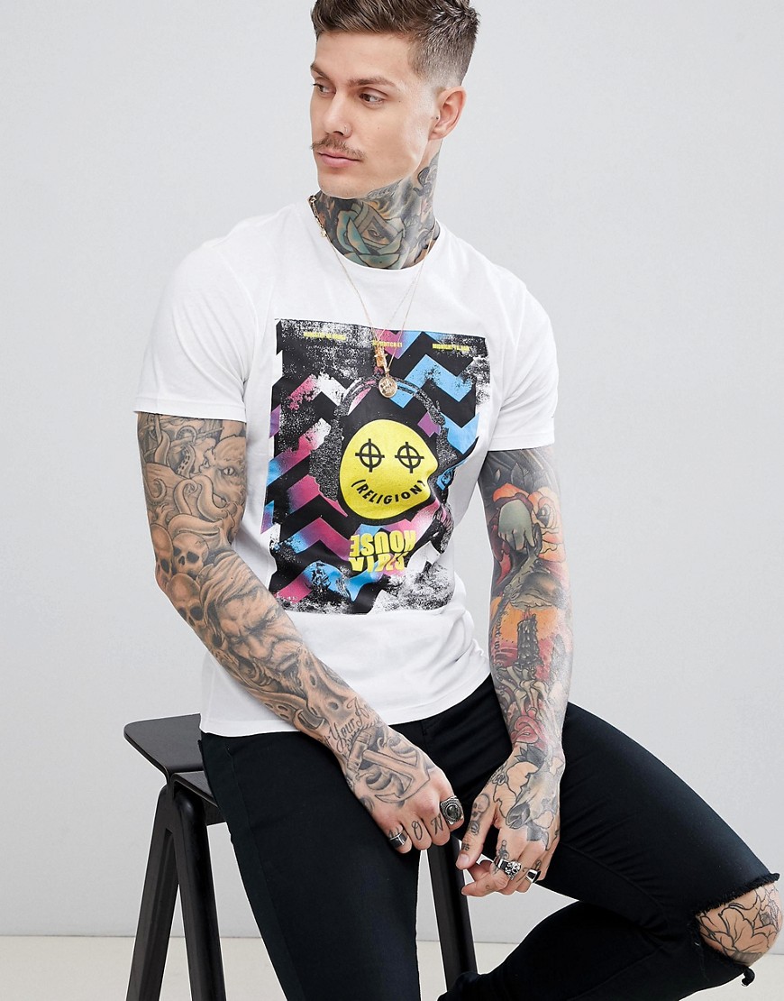Religion muscle fit t-shirt with ibiza house print - White