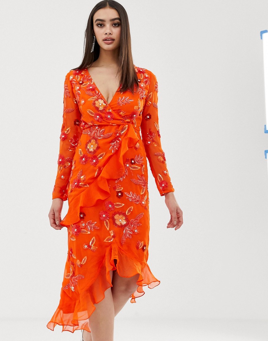 Virgos Lounge floral embellished wrap front ruffle asymmetric midi dress in orange