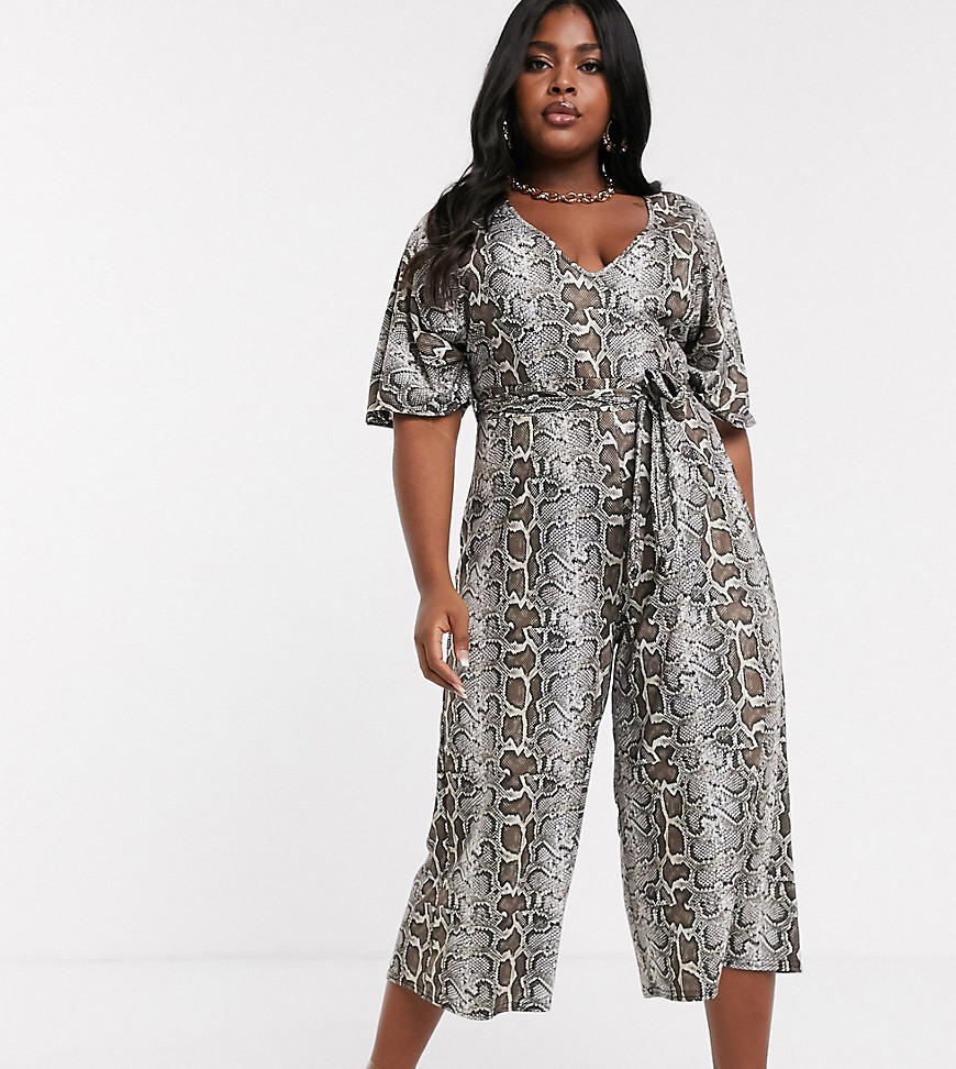 PrettyLittleThing Plus culotte jumpsuit with belted waist in snake