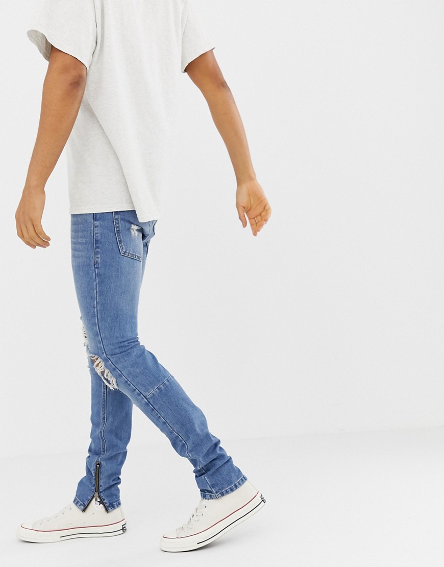 Religion Skinny Fit Jeans With Ripped Knee And Zip Hem
