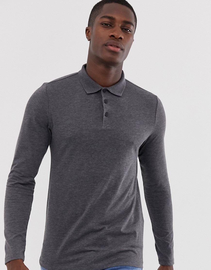 ASOS DESIGN long sleeve jersey polo in charcoal marl