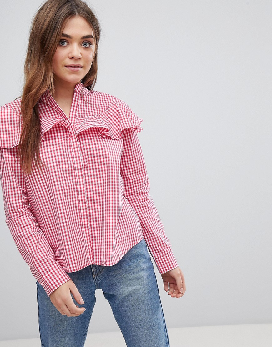 AFTER MARKET GINGHAM RUFFLE TOP - RED,YK10040T7FA