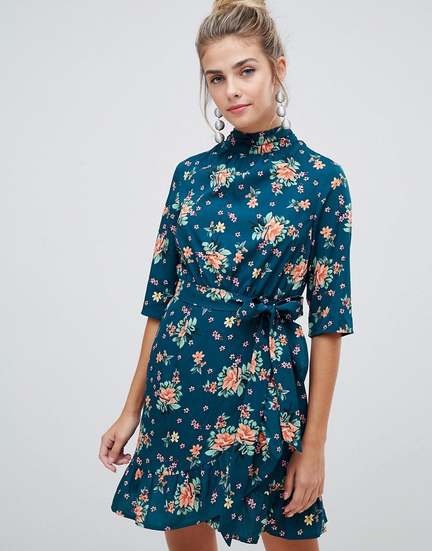 Influence high neck floral dress with wrap front and ruffle detail