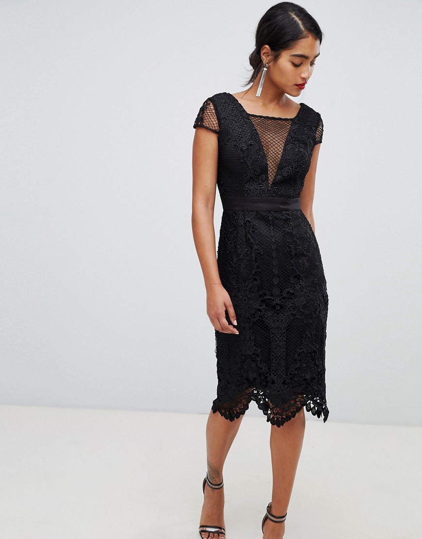 Chi Chi London lace pencil dress with v neck in black