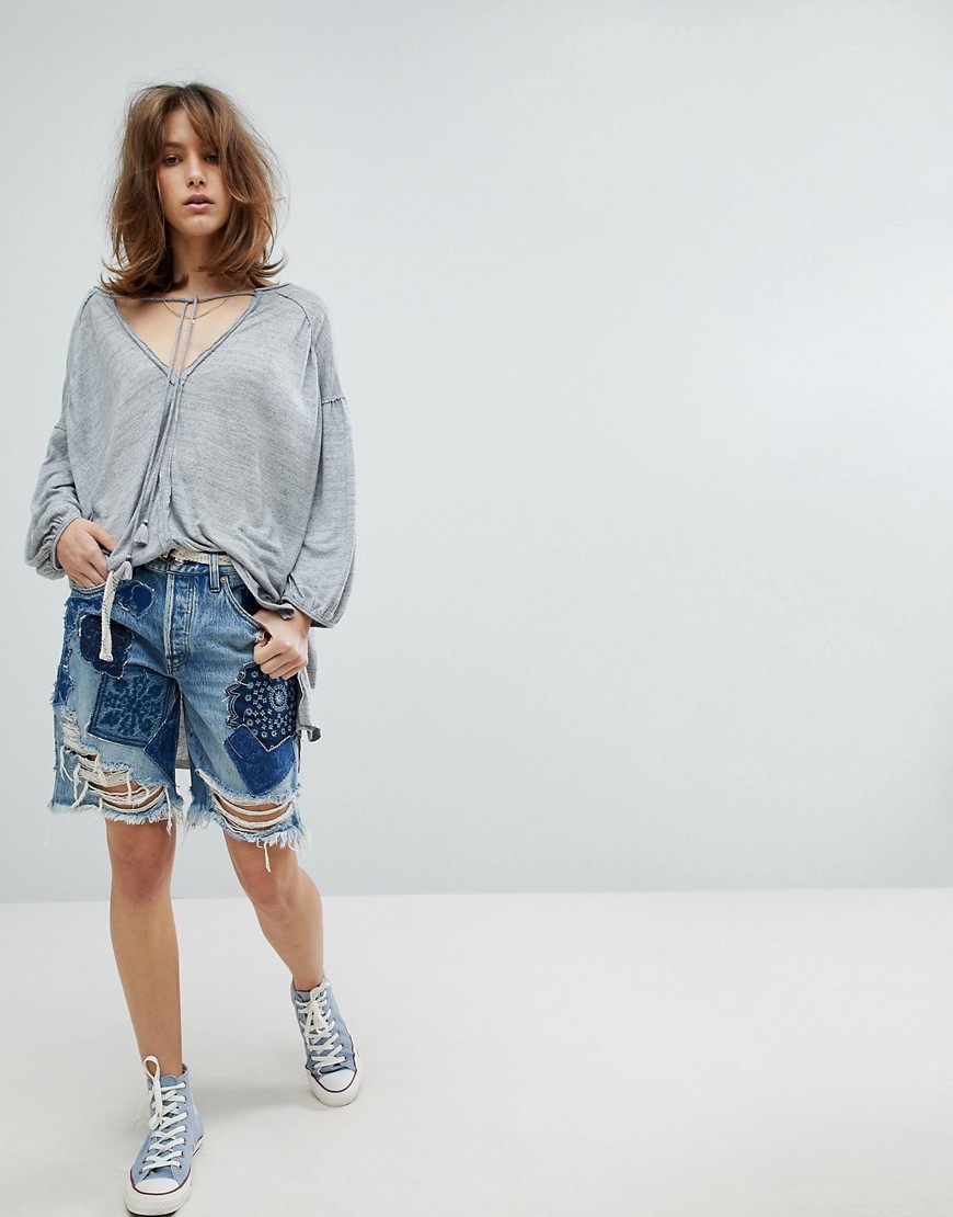 Free People Heart Breaker Patched And Embroidered Shorts - Blue