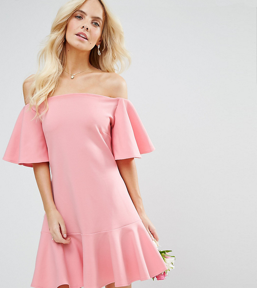 John Zack Petite Off Shoulder Mini Dress With Fluted Sleeve And Hem Detail - Candy pink