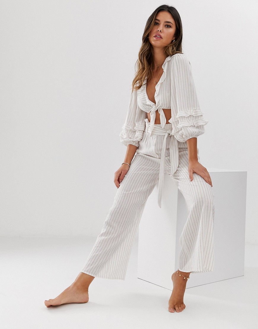 Fashion Union beach co-ord with tie crop top and high waist culottes in stripe