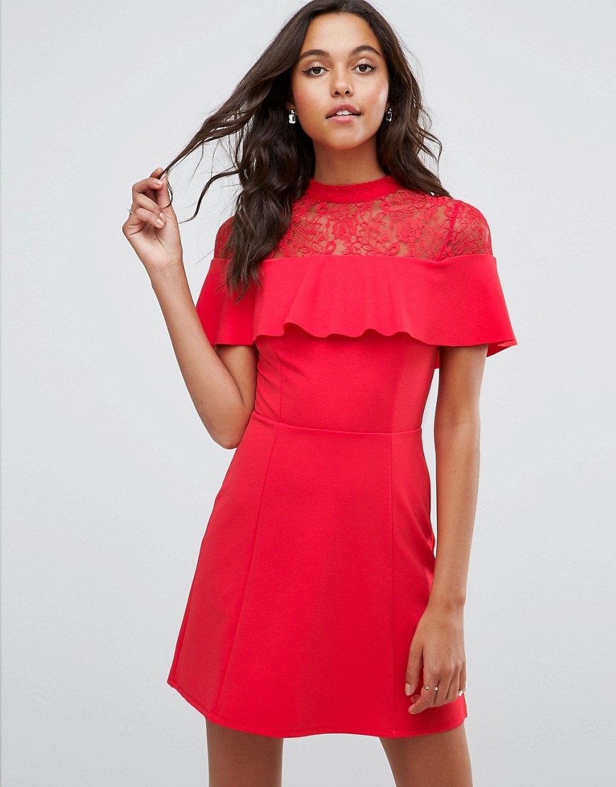 Asos Design Asos Mini Skater Dress With Lace Inserts And Ribbon Tie-red