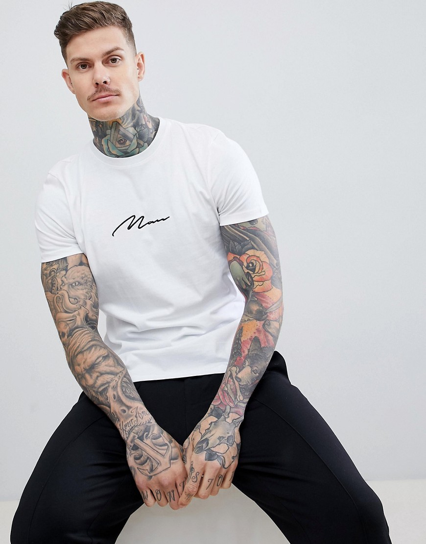 boohooMAN man signature embroidered t-shirt in white