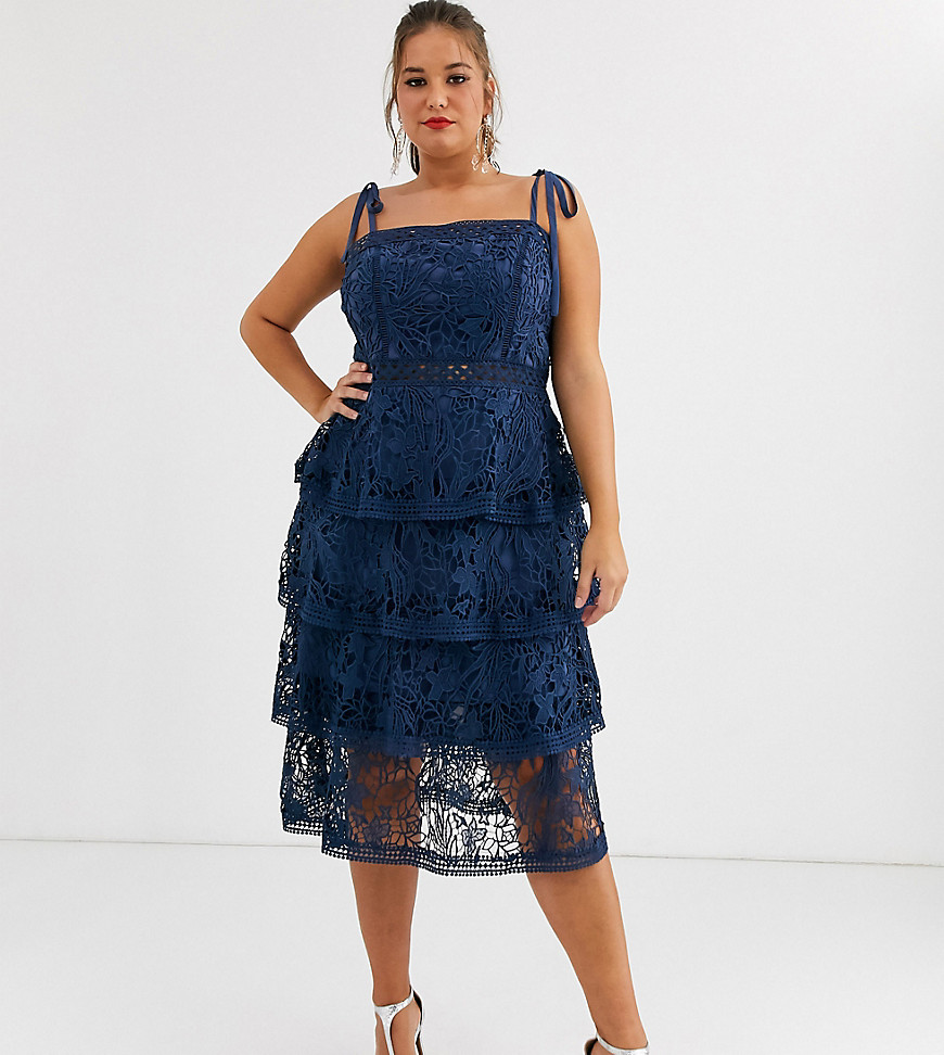 Truly You allover lace tiered midi dress in navy
