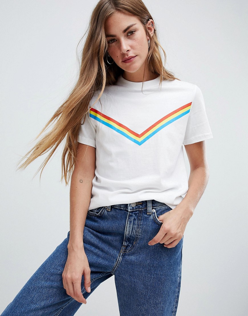 Daisy Street T Shirt with Rainbow Chevron Stripe - White