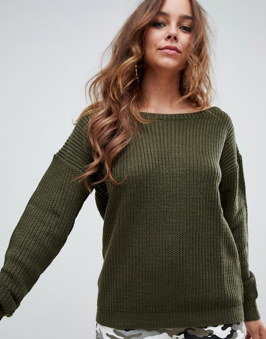 Missguided off shoulder knitted jumper in khaki