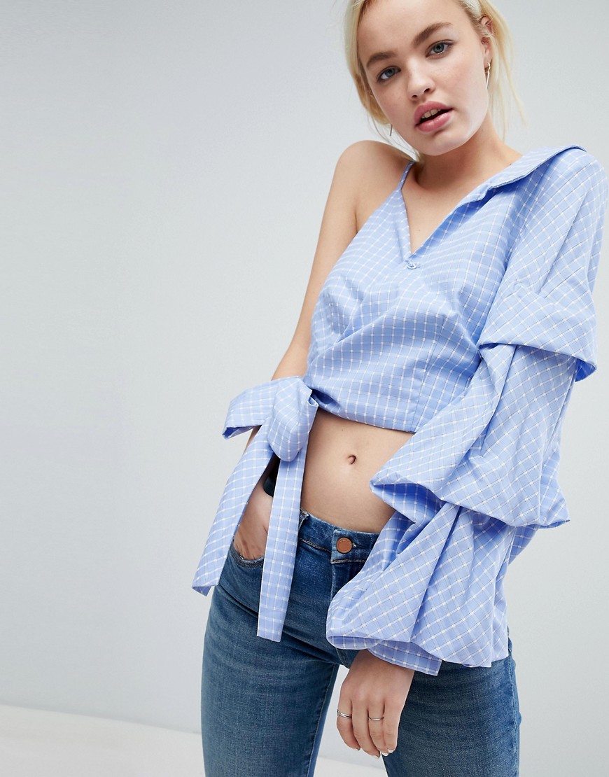 J.O.A One Shoulder Top With Extreme Ruffle Sleeve And Wrap Waist In Grid Check - Light blue
