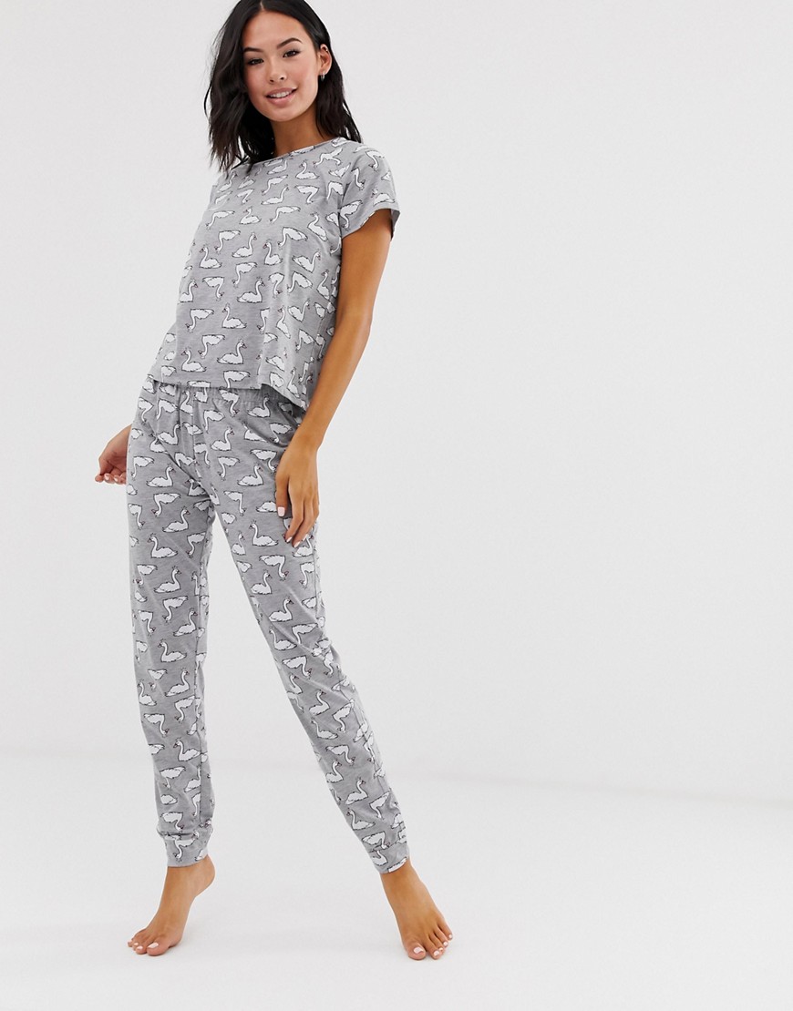 Loungeable swan print pyjama set in grey